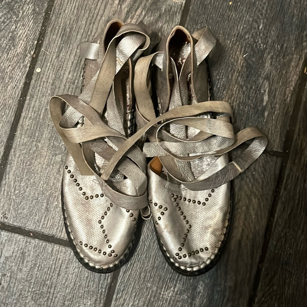 A.S.98 espadrille ankle wrap silver metallic metal stud sandals